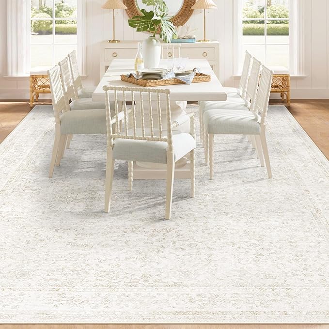9x12 Area Rugs for Living Room: Washable Large Vintage Floral Rug Low Pile Non-Slip Boho Carpet for Bedroom Dining Home Office (Floral Beige, 9'x12')