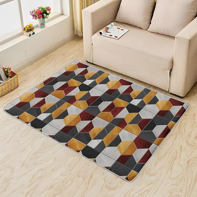 Modern Hexagon Rug, 8x10 Geometric Pattern for Living Room Bedroom, Large Area Washable Non Slip Soft Indoor Carpet, Home & Room Decor