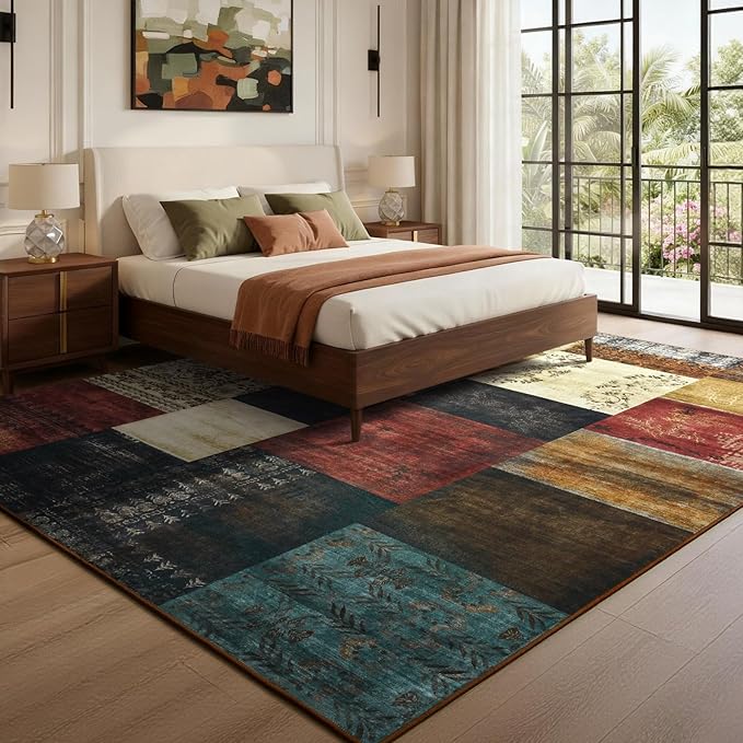 DweIke Washable Area Rugs for Living Room, 6x9 Large Bedroom Rugs, Geometric Print Non Slip Low Pile Indoor Throw Carpets for Bedroom Apartment Dining Room Home Office Hardwood Floor, Colorful