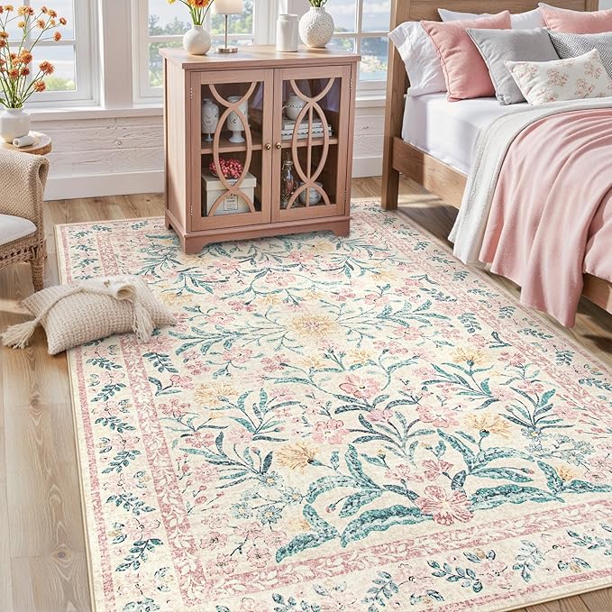 Lahome Pink Boho Rugs for Living Room 5x7, Washable Area Rugs for Bedroom Girls Decor Non Slip, Soft Floral Low-Pile Nursery Carpet for Kids Dining Room Indoor, Pink/Multi