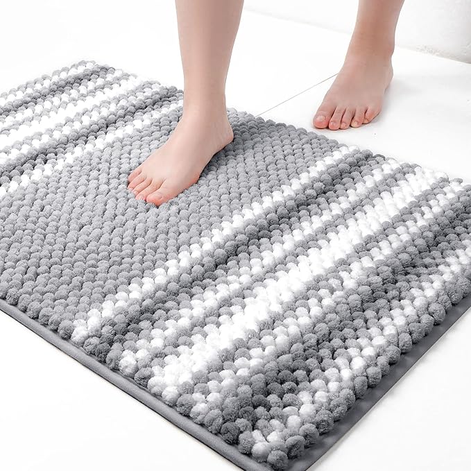 PiccoCasa Chenille Bathroom Rug, Soft Fluffy Absorbent Bath Mat, Medium Pile Striped Carpet Washable Non Slip Bathroom Floor Mats(20"x32",Dark Gray & White)