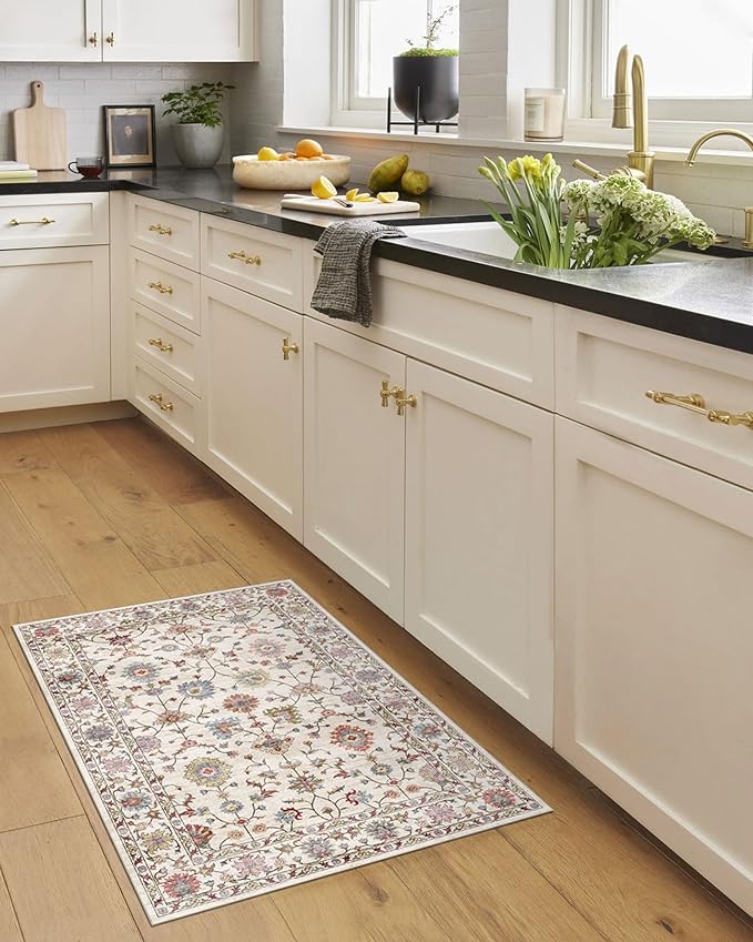2x3 Washable Entryway Rug - Small Entry Rug Non-Slip Cream Colorful Vintage Traditional Floral Kitchen Rugs Low Pile Boho Carpet Throw Rugs for Bedroom Bathroom Entrance Dorm Laundry Room