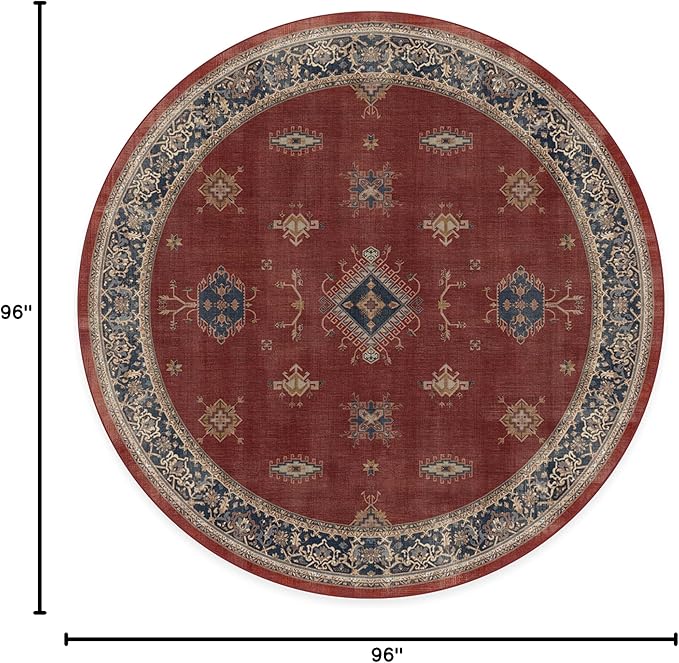 RUGGABLE Washable Vintage Area Rug – Verena Amber Red 8 ft Round, Stain-Resistant, Non-Slip – Large Machine Washable Rugs for Living Room, Bedroom, Hallway, Entryway & Office–with Standard Pad