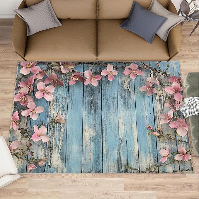 8x10 Vines Rugs for Living Room - Vintage Wood Panels Large Area Rug, Rural Flowers Modern Boy Nursery Rug Soft Washable for Classroom Office Bedroom Kids Room