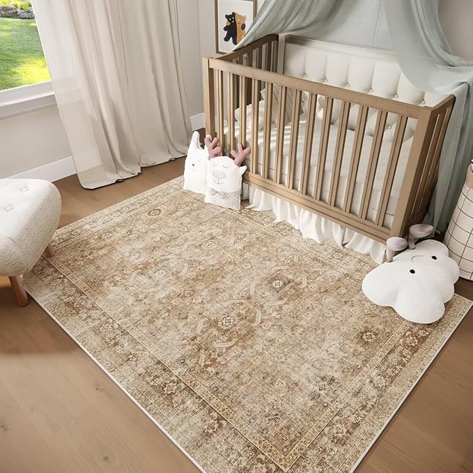 Washable 5x7 Area Rugs for Living Room, Boho Non-Slip Vintage Distress Rugs for Bedroom Dining Room Nursery Office, 0.3" Neutral Oriental Throw Thin Carpet with Cushioning Pad, Brown/White/Multi