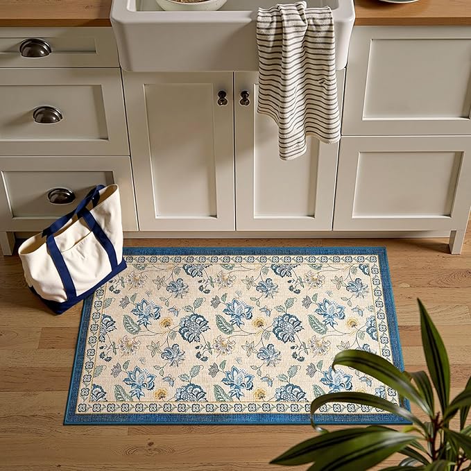 jinchan Elora 2x3 Floral Rug for Entryway Washable Rug Vintage Romance Design Small Mat Non Slip Indoor Doormat Lightweight Low-Profile Throw Carpet for Entrance Bathroom Laundry Room, Blue/Beige