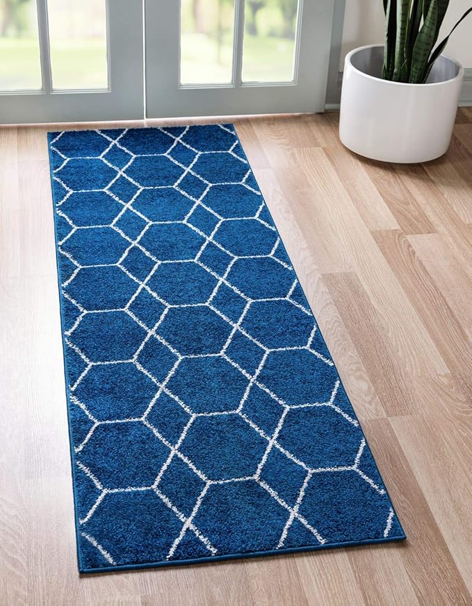 Unique Loom Trellis Frieze Collection Area Rug - Geometric (2' x 6' 1" Runner, Navy Blue/ Ivory)