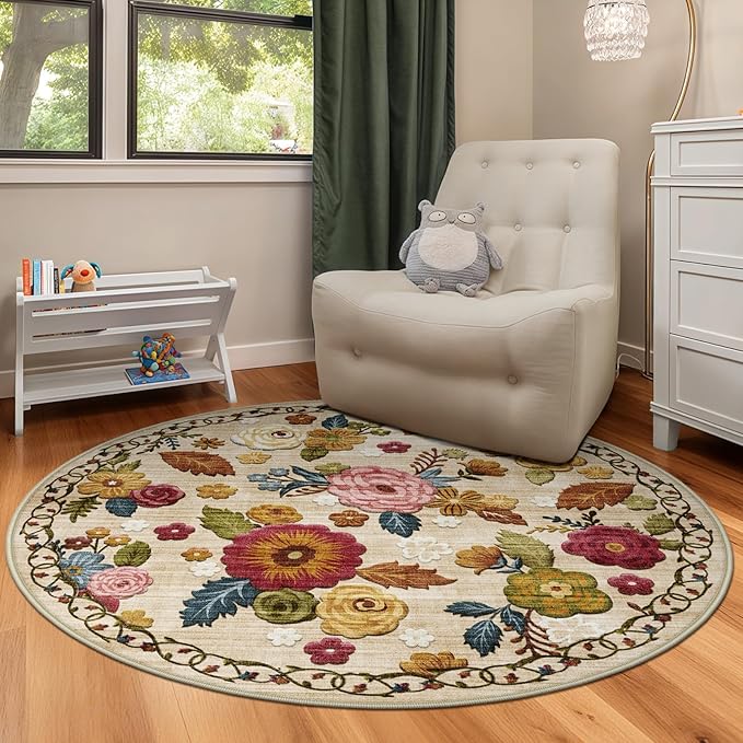 4ft Round Machine Washable Area Rug for Living Room, Beige Vintage Boho Floral Rug Large Non-Slip Low Pile Soft Faux Wool Carpet, Kids and Pets Friendly for Bedroom Nursery Farmhouse Home Decor Rug