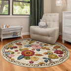 4ft Round Machine Washable Area Rug for Living Room, Beige Vintage Boho Floral Rug Large Non-Slip Low Pile Soft Faux Wool Carpet, Kids and Pets Friendly for Bedroom Nursery Farmhouse Home Decor Rug