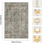 4x6 Machine Washable Area Rug for Living Room, Grey Rusty Boho Vintage Floral Rug Large Non-Slip Low Pile Soft Faux Wool Carpet, Kids and Pets Friendly for Bedroom Dining Room Farmhouse Decor Rug