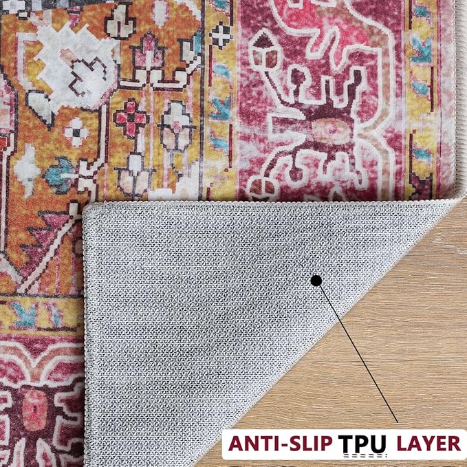 Runner Rug 2×6, Machine Washable Vintage Non-Slip Area Rug, Low Pile, Decorative Carpet Printed Floral Rugs for Living Room, Entryway, Kitchen, Bedroom, Plum