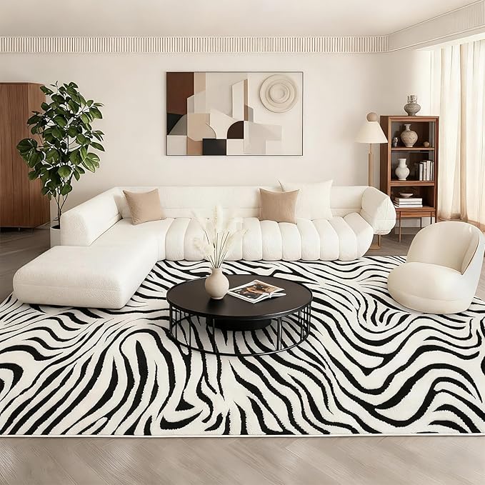 YIHOUSE 8×10 Ft Area Rugs for Living Room: Modern Washable Rug - Abstract Black and Cream White Rug for Bedroom Dining Room Office Playroom Nursery Home Decor - Nonslip Non-Shedding Striped Rugs