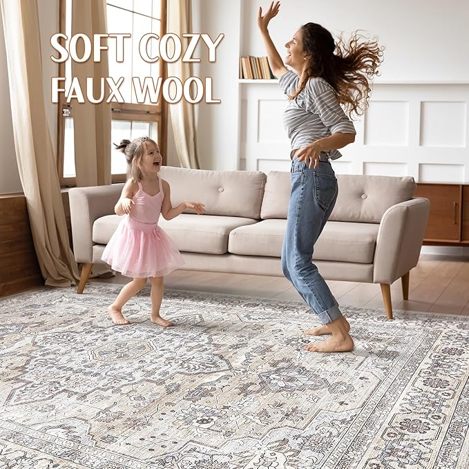6x8 Area Rug Living Room: Washable Boho Large Neutral Vintage Soft Rugs Stain Resistant Farmhouse Non Slip Indoor Floor Carpet for Bedroom Nursery Kids Playroom Office Dining Room Home- Ivory Gray