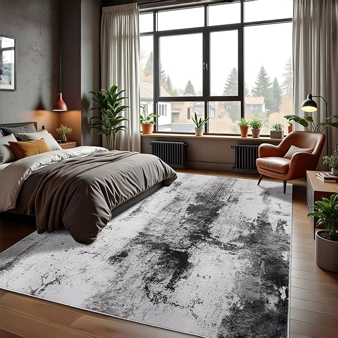 Washable Abstract Rug, 3x5 Modern Area Rugs with Non-Slip Rubber Backed for Bedroom, Thin but Soft Contemporary Carpet Kitchen Living Room Decor, Black Grey