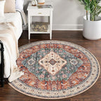 KOZYFLY Boho Round Rug 5 Ft Rugs for Entryway Washable Circle Rug Non Slip Doormat Rust/Orange/Blue Printed Faux Wool Vintage Round Entryway Rug Floor Carpet Round for Entrance, Bedroom