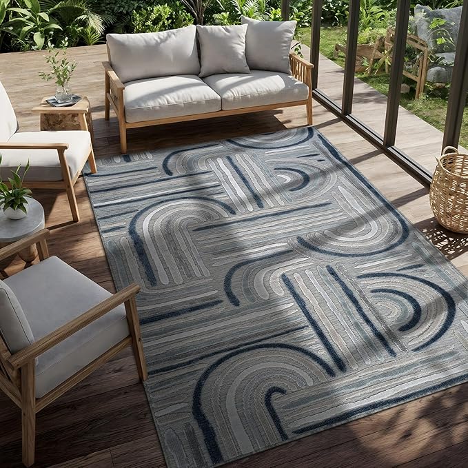 CAMILSON Indoor Outdoor Rug, Blue 5x7 Geometric Arch Striped Area Rugs for Patio and Home Areas, Easy-Cleaning Non-Shedding Living Room, Garden and Deck Washable Outside Carpet (5 x 7)