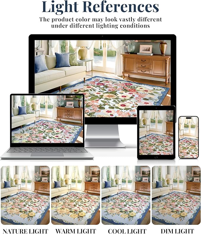 Floral Washable 5x7 Area Rugs - Living Room Rug Non Slip Low Pile Stain Resistant Carpets Indoor Vintage Flower Print Rug for Bedroom Dining Room Kitchen Home Office, Blue