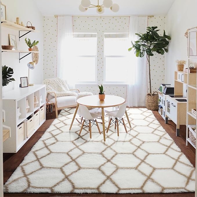 ONASAR 8x10 Area Rugs for Living Room, Fluffy White and Beige Bedroom Rug, Washable Geometric Boho Large Soft Plush Shaggy Fuzzy Floor Carpet for Nursery Kids Classroom Playroom Dorm Home Decor