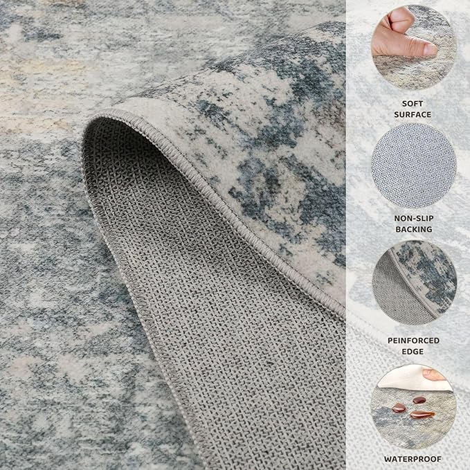 4x6 Area Rug Living Room Rugs - Washable Neutral Modern Abstract Soft Thin Rug Indoor Floor No Slip Rug Carpet for Bedroom Under Dining Table Home Office Decor - Blue Grey