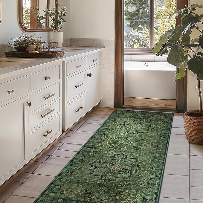 Green Boho 2x5 Runner Rugs for Hallways Non Slip Machine Washable, Low Pile Lightweight Carpet Runner for Entryway/Kitchen/Bathroom/Corridor/Laundry Room Distressed Vintage Medallion Printed