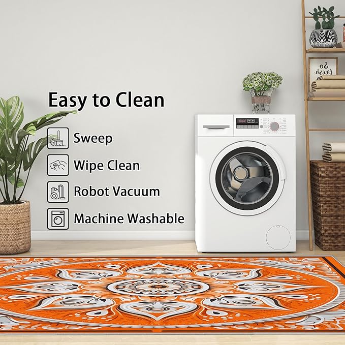 Mandala Rugs 5x7 -Orange Mandala Rug, 5x8 ft, Vintage Meditation Area Rug, Hippie Spiritual Washable Non-Slip Stain Resistant, Boho Vintage Floral Home Decor & Gifts