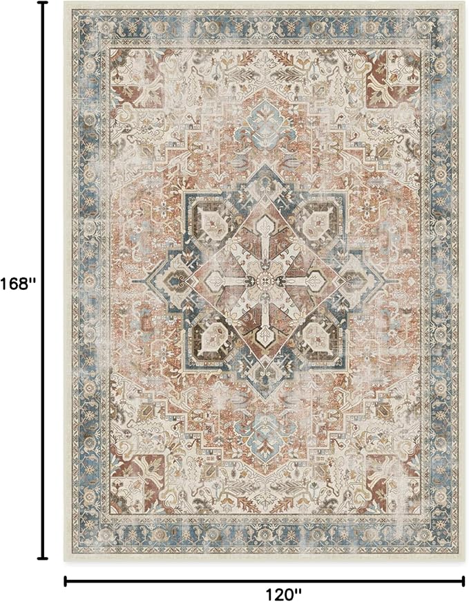 RUGGABLE Washable Vintage Area Rug – Kamran Coral 10x14, Stain-Resistant, Non-Slip – Large Machine Washable Rugs for Living Room, Bedroom, Hallway, Entryway & Office–with Cushioned Pad