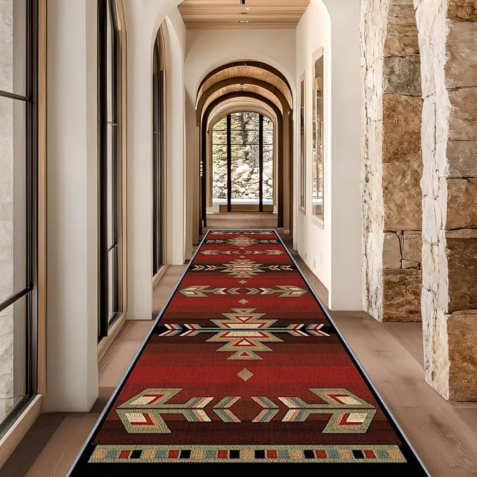 Red Arrow Runner Rug, 4x12ft Retro Geometric Hallway Runner Rug - Corridor & Busy Home Foyer Rugs, Washable Flannel Non-Slip Mat, Southwestern Tribe Decor Carpet for High-Traffic Areas