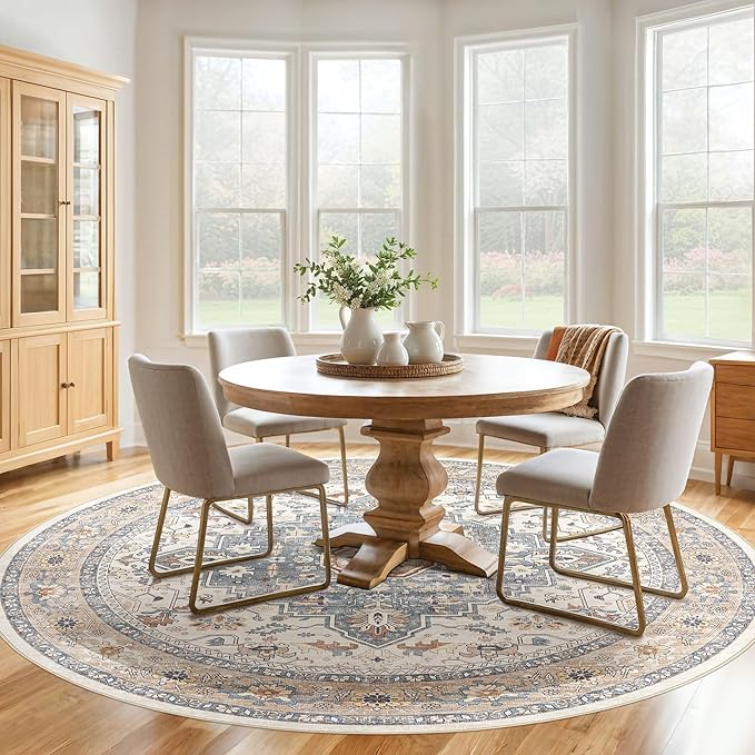 Round Rug Living Room Rugs: 8Ft Washable Boho Neutral Large Circle Soft Indoor Distressed Stain Resistant Floor Farmhouse Carpet for Bedroom Nursery Kids Playroom Office Dining Room Dorm- Beige Blue