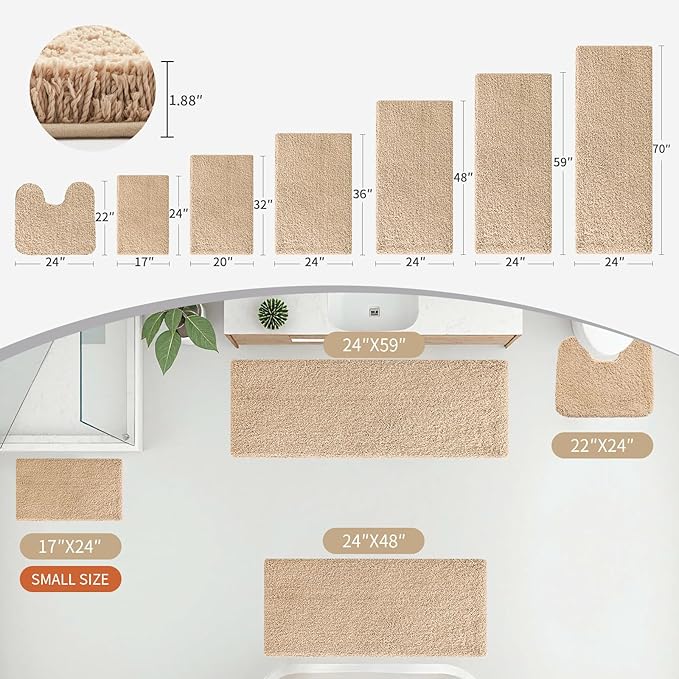 Beige Bathroom Rug 24x48 Non Slip Fluffy Bath Mat for Bathroom Floor Washable Plush Luxury Bath Rug for Tub Soft Shaggy Absorbent Shower Sink Mat