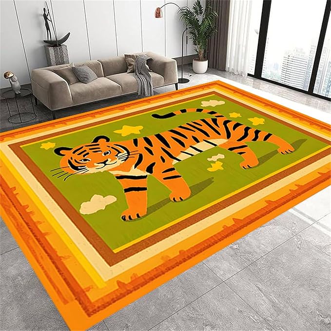 Tiger Rugs for Living Room，5x8ft,Modern Minimalist Style Orange Tiger Rug Suitable for Children's Room，Machine Washable Cute Tiger Rug for Boys and Girls Bedroom Farmhouse Restaurant