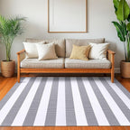 KOZYFLY Grey and White Striped Rug 4'x6' Indoor Outdoor Rug Cotton Hand-Woven Washable Striped Layered Doormats for Front Door/Kitchen/Farmhouse/Entryway/Patio