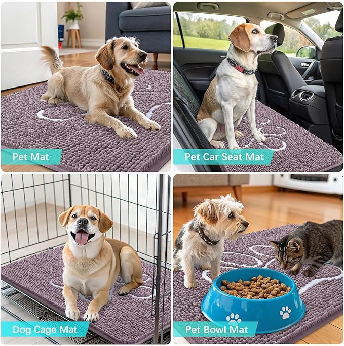 OLANLY Dog Door Mat for Muddy Paws 40x32, Paw Print Design, Absorbs Moisture and Dirt, Absorbent Non-Slip Washable Doormat, Quick Dry Chenille Mud Mat, Entry Indoor Entryway Carpet, Deep Plum