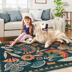 Boho Egypt Green Area Rugs for Living Room Bedroom, 5x7 Washable Large Dining Room Rug Non Slip, Floral Vintage Farmhouse Throw Carpet for Office Hardwood Floor Playroom (Dark Green,5 x 7)