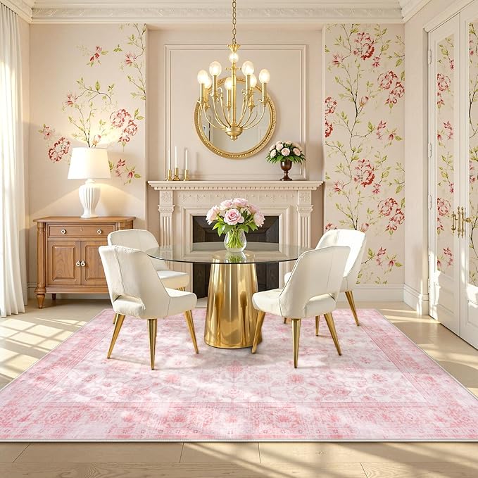 LIVEBOX Pink Area Rug 6x9, Vintage Living Room Rug Machine Washable Area Rugs, Pink Rugs for Bedroom Girls, Indoor Carpet for Dining Room Nursery Dorm Home Decor