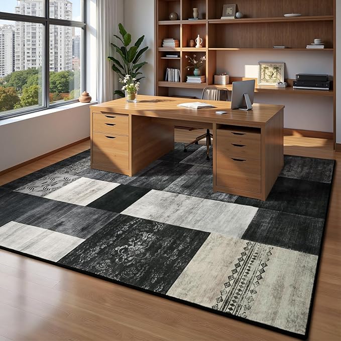 DweIke Washable Area Rugs for Living Room, 4x6 Soft Bedroom Rugs, Geometric Print Non-Slip Modern Rug, Stain Resistant Throw Carpets for Office Nursery Dining Room Home Dorm Decor, Black and White