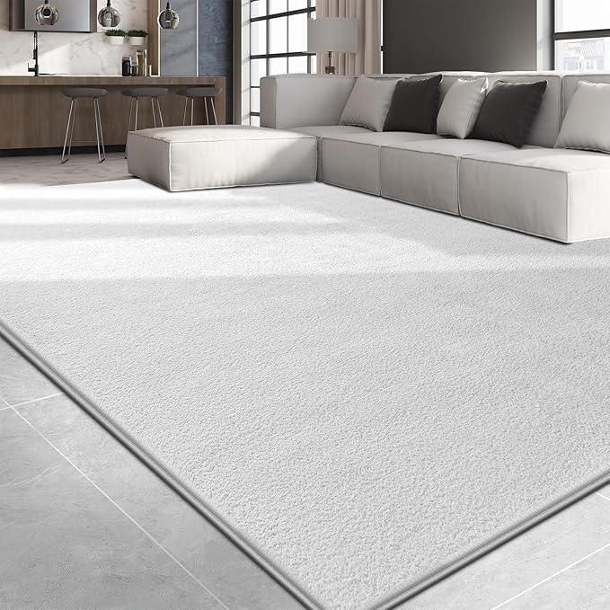 Large Area Rugs for Living Room Bedroom, 7x10 Feet White Rug, Minimalist Modern Shag Rug, Soft Thick Comfy Memory Foam Indoor Carpet, Non-Slip Washable Rug for Boys Girls Dorm Nursery Room Home Decor
