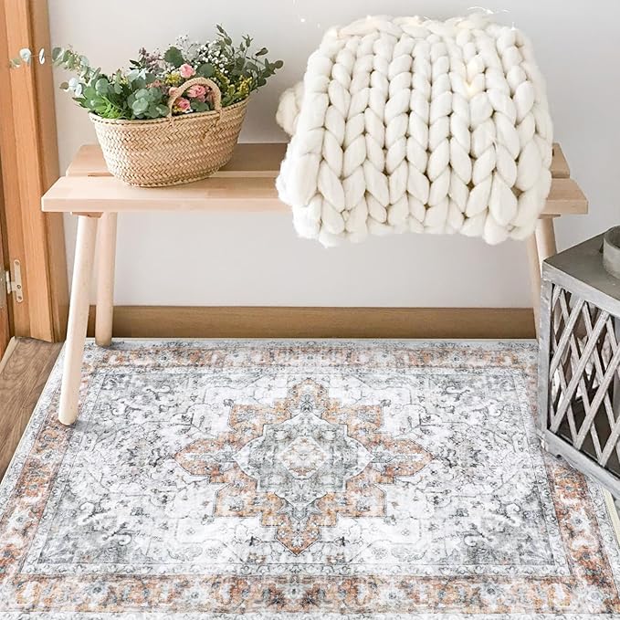 COMSLE Washable Door Mat, Front Door mat Indoor Faux Wool Absorbent Small Rugs for Entryway Distressed Throw Rug Non-Slip Accent Floor Carpet for Entrance Bedroom, 24X36 Inches Orange