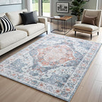 5x7 Washable Rug – Boho Non-Slip Indoor Area Rug for Living Room, Bedroom, Dining Room, Entryway –Muted Blue and Rust Distressed Pattern
