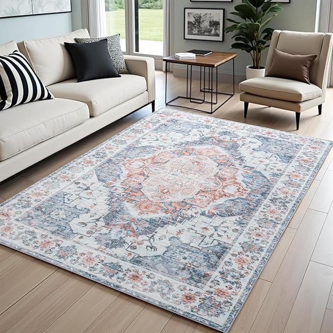 8x10 Area Rugs for Living Room, Machine Washable Non-Slip Low Pile Faux Wool Boho Vintage Carpet, Non-Shedding Large Rug for Bedroom Dining Room Office, Light Blue