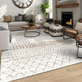 8x10 Machine Washable Area Rug for Living Room, Brown White Vintage Moroccan Rug Large Non-Slip Low Pile Soft Faux Wool Carpet, Kids and Pets Friendly for Bedroom Dining Room Farmhouse Home Decor Rug