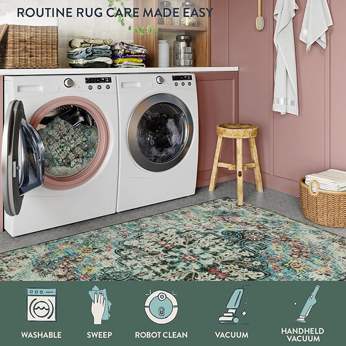 Lahome Bohemian Floral Medallion Area Rug - 3x5 Washable Bedroom Rug Entryway Mat, Non Slip Pet Friendly Turkish Nursery Carpet for Kitchen Sink Camper Couch Living Dining Room Office Hardwood