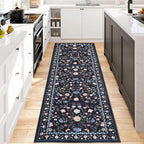 GarveeHome Washable Runner Rug 2 x 6 Non-Slip Non-Shedding Soft Vintage Bedside Rug, Low Pile Farmhouse Floral Carpet, Indoor Foldable Printed Entryway Rug for Hallway Kitchen, Dark Grey Blue