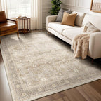 Washable Neutral 5x8 Area Rugs, Vintage Farmhouse Earth Tone Beige Taupe Carpet for Living Room Bedroom, Low Pile Thin Rug with Non Slip Rubber Backing for Dining Room Nursery Home Office
