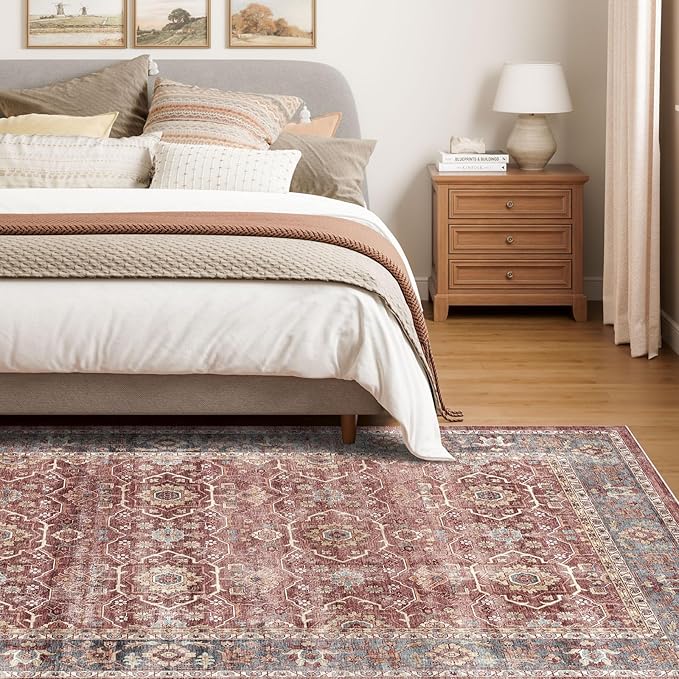 Dripex Vintage Washable Area Rug - 5x8 Distressed Rugs for Living Room Bedroom Oriental Medallion Floral Print Carpet Low-Pile Indoor Soft Non-Slip Accent Rug Farmhouse Office Home Decor