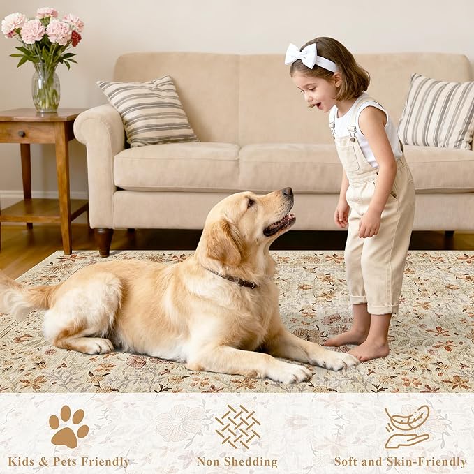 DUKINO 2x6 Runner Rug for Hallway, Washable Vintage Floral Kitchen Rug with Non Slip Backing, Soft Low Pile Throw Carpet Runner for Kitchen, Laundry, Hallway, Bathroom, Beige