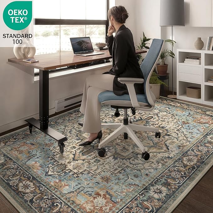 5x7 Machine Washable Area Rug for Living Room, Blue Beige Boho Vintage Floral Rug Large Non-Slip Low Pile Soft Faux Wool Carpet, Kids and Pets Friendly for Bedroom Dining Room Farmhouse Decor Rug