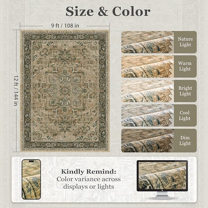 Large Vintage Area Rugs 9x12 for Living Room, Distressed Medallion Printed Big Carpet Rugs for Bedroom, Washable Non Slip Low Pile Thin Rugs for Dining Room, Multi Brown/Slate Green