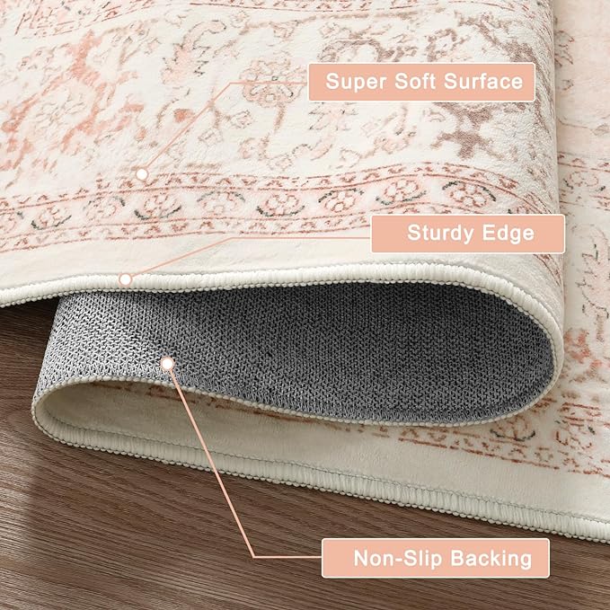 LIVEBOX Pink Carpet 3x5 - Oriental Floral Non-Slip Indoor Rug for Kitchen Entrance, Faux Wool Front Door Mat, Pet Friendly Accent Throw Rug for Bedroom Entry Foyer Laundry Room, Pink