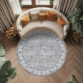 jinchan Fiora Round Rug 6ft Area Rug - Grey Vintage Floor Mat Indoor Ultra-Thin Soft Floral Print - Washable Circle 6' Retro Accent for Farmhouse Non Slip Dining Room Living Room Bedroom Office