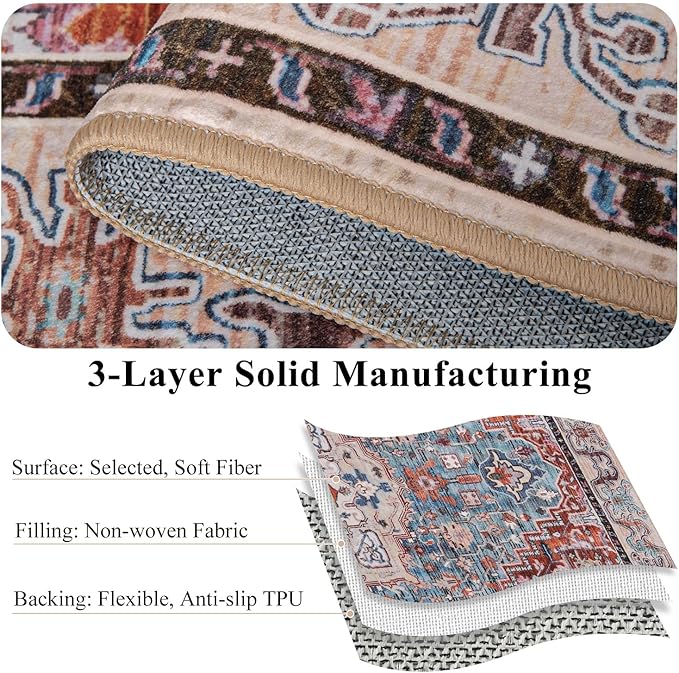 8x10 Large Area Rugs for Living Room, Washable Vintage Rugs-Low Pile Carpet, Non-Slip Soft Distressed Printed Patterns Rugs for Bedroom, Dining Room, Rust Brown